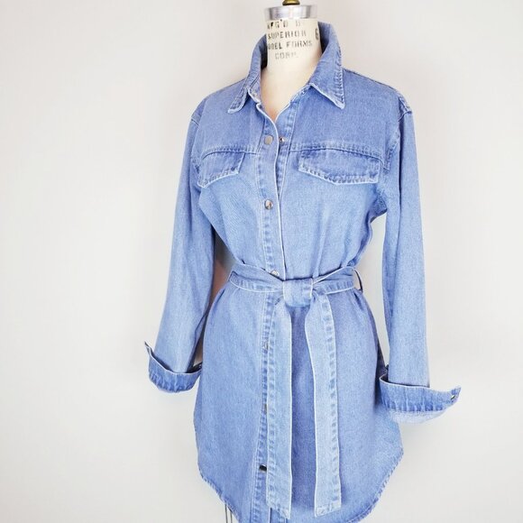 Vintage Inspired Light Denim Snap Front Shirt Dress or Long Jacket Size Large - Picture 3 of 11